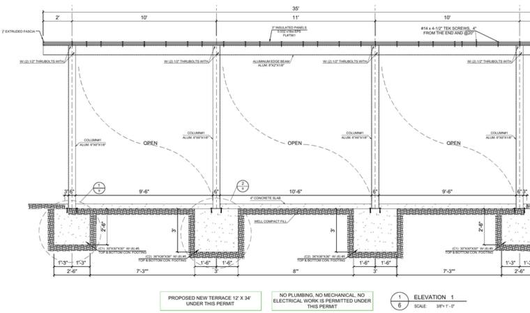 Terrace elevation with concrete footings